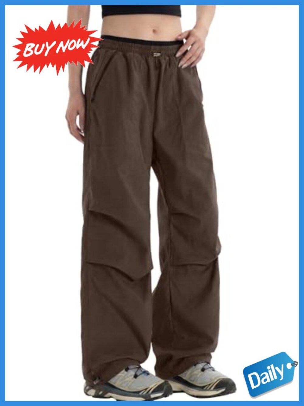 Double Layer Waistband Cargo Pants Parachute Joggers Zipper Pockets Drawstring